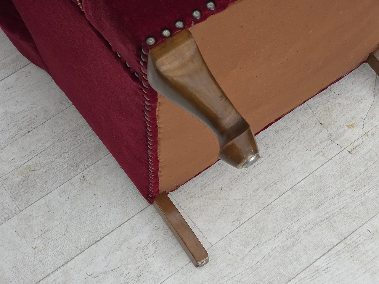 Danish highback wingback armchair, cherry-red velour, 1960s 18