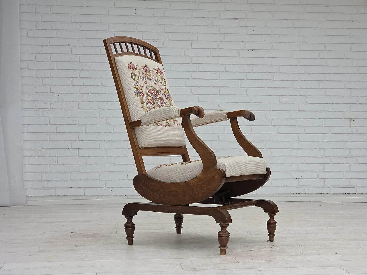 Danish highback rocking chair, hand woven wool, 1930s 1