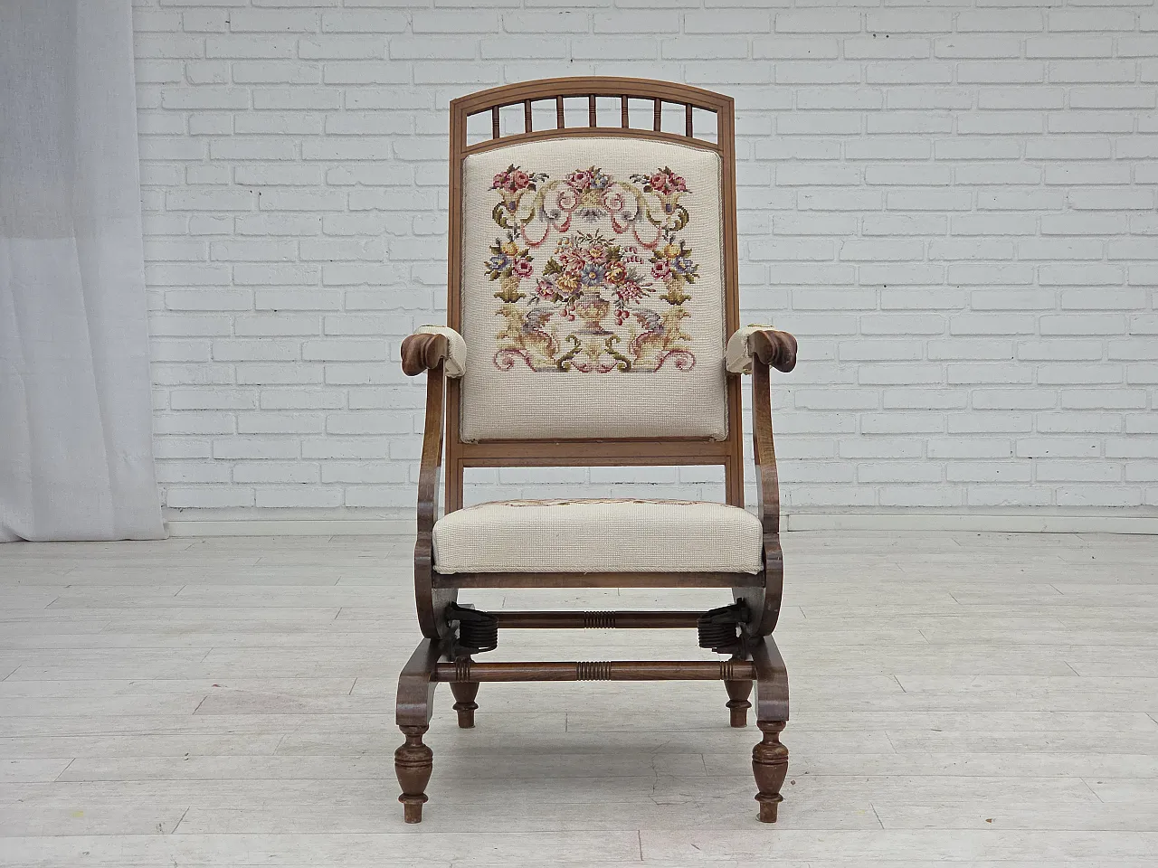 Danish highback rocking chair, hand woven wool, 1930s 12