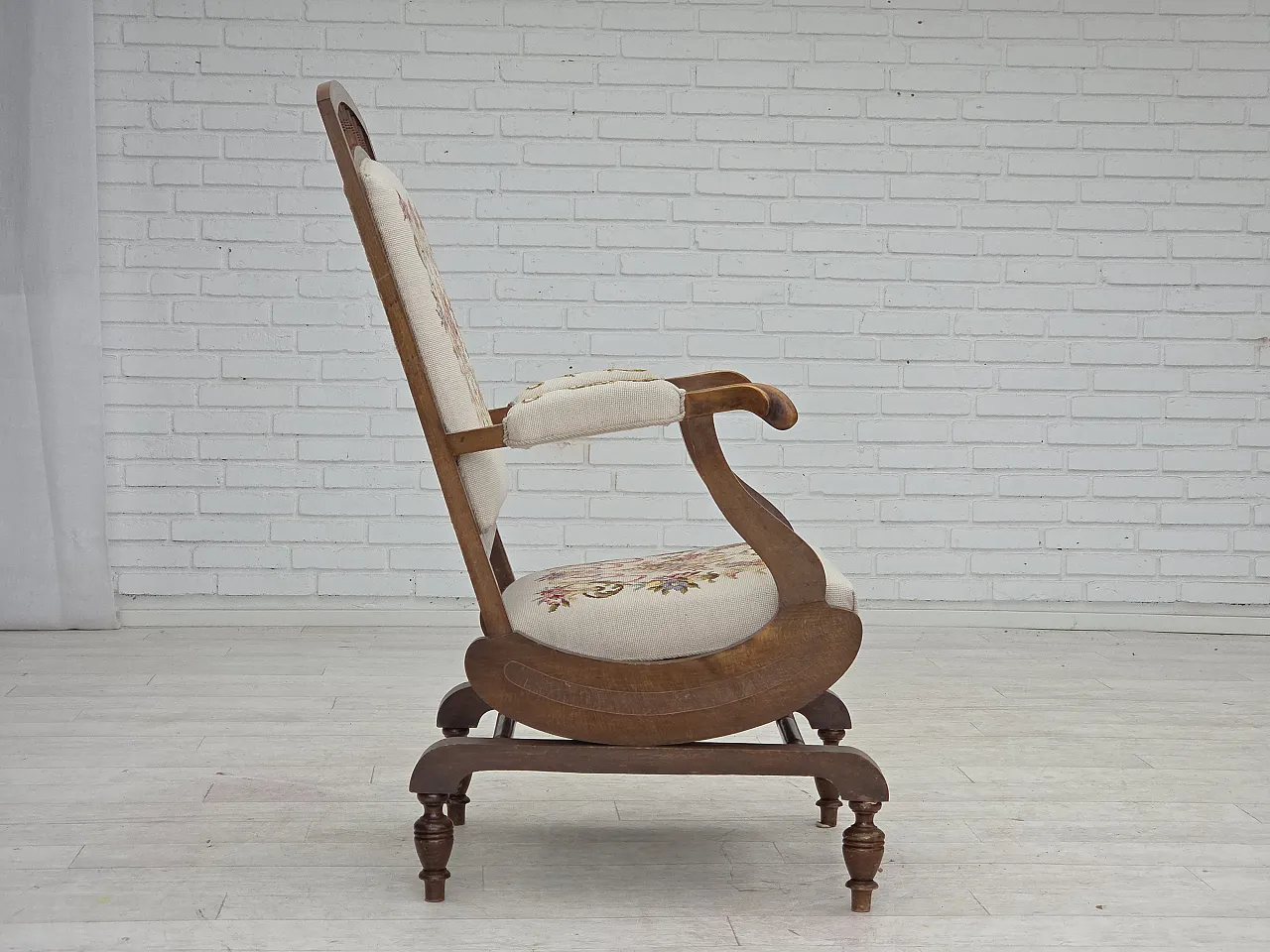 Danish highback rocking chair, hand woven wool, 1930s 13
