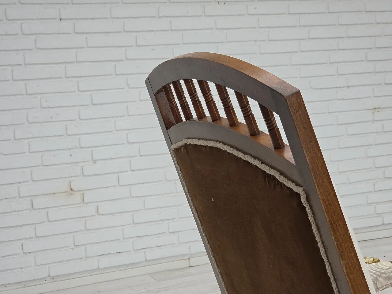 Danish highback rocking chair, hand woven wool, 1930s 14