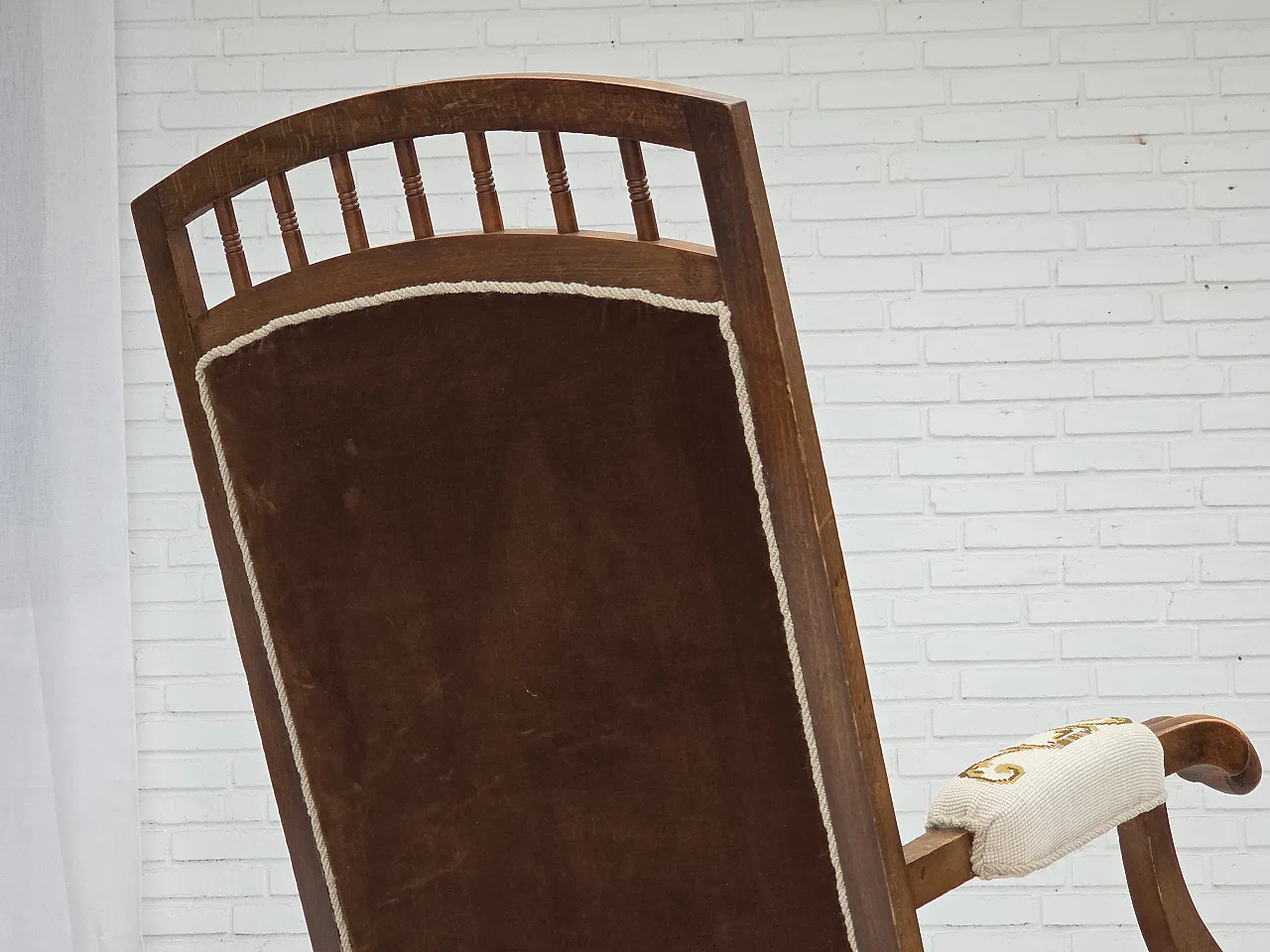 Danish highback rocking chair, hand woven wool, 1930s 16