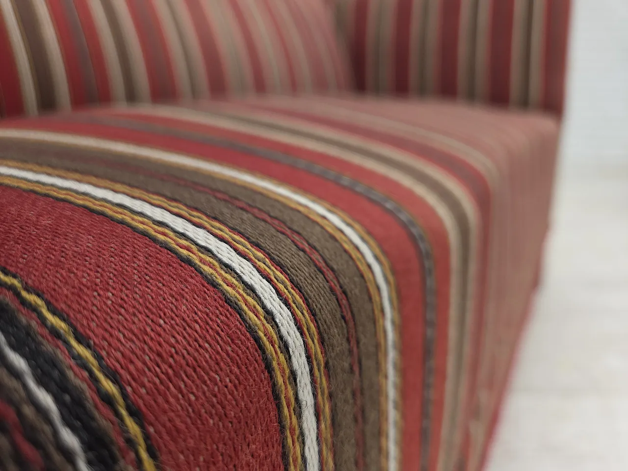 Danish 2-seater sofa, striped red/multicolor wool, 1960s 8