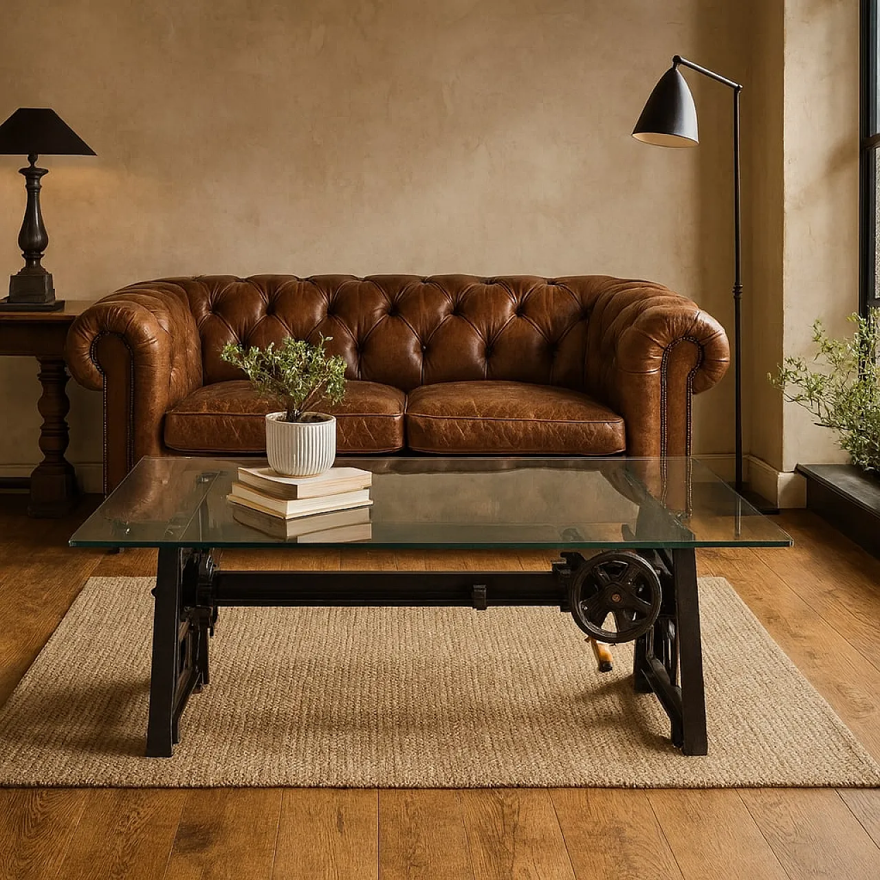 Tavolino in vetro e ferro con meccanismo regolabile, '900 2