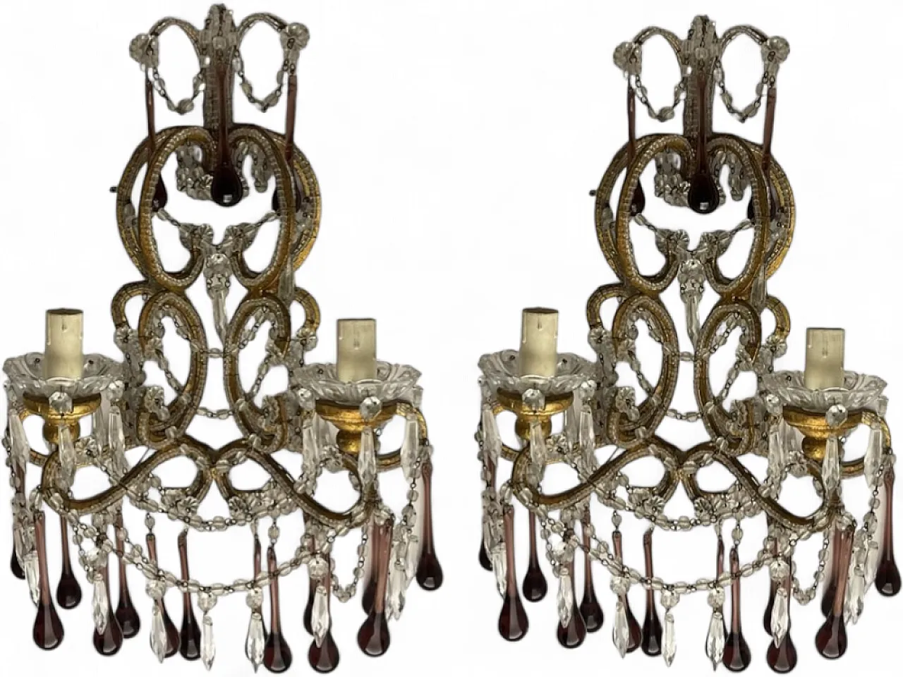 Pair of Maccheroni applique in Murano glass with crystal beads, 1950s 12