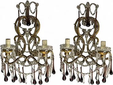 Pair of Maccheroni applique in Murano glass with crystal beads, 1950s