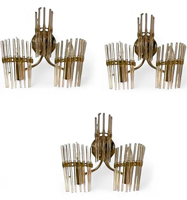 3 Cane and brass Murano glass sconces, 1970s