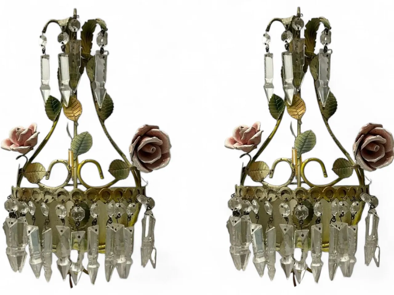 Pair of Tole Ceramic Crystal Flower Wall Light, 70s 7