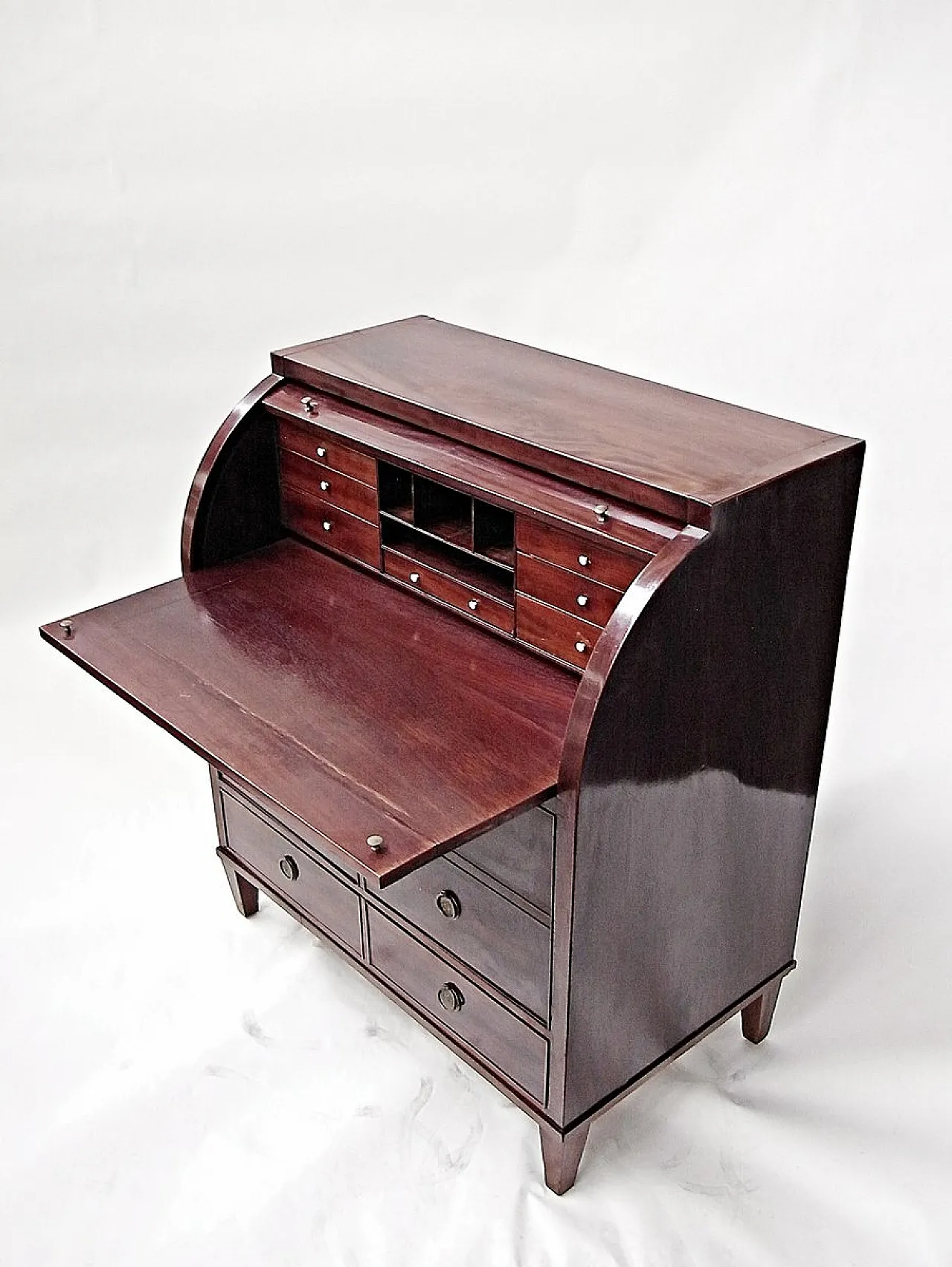 Secretaire a cilindro in mogano lucido, fine '800 8