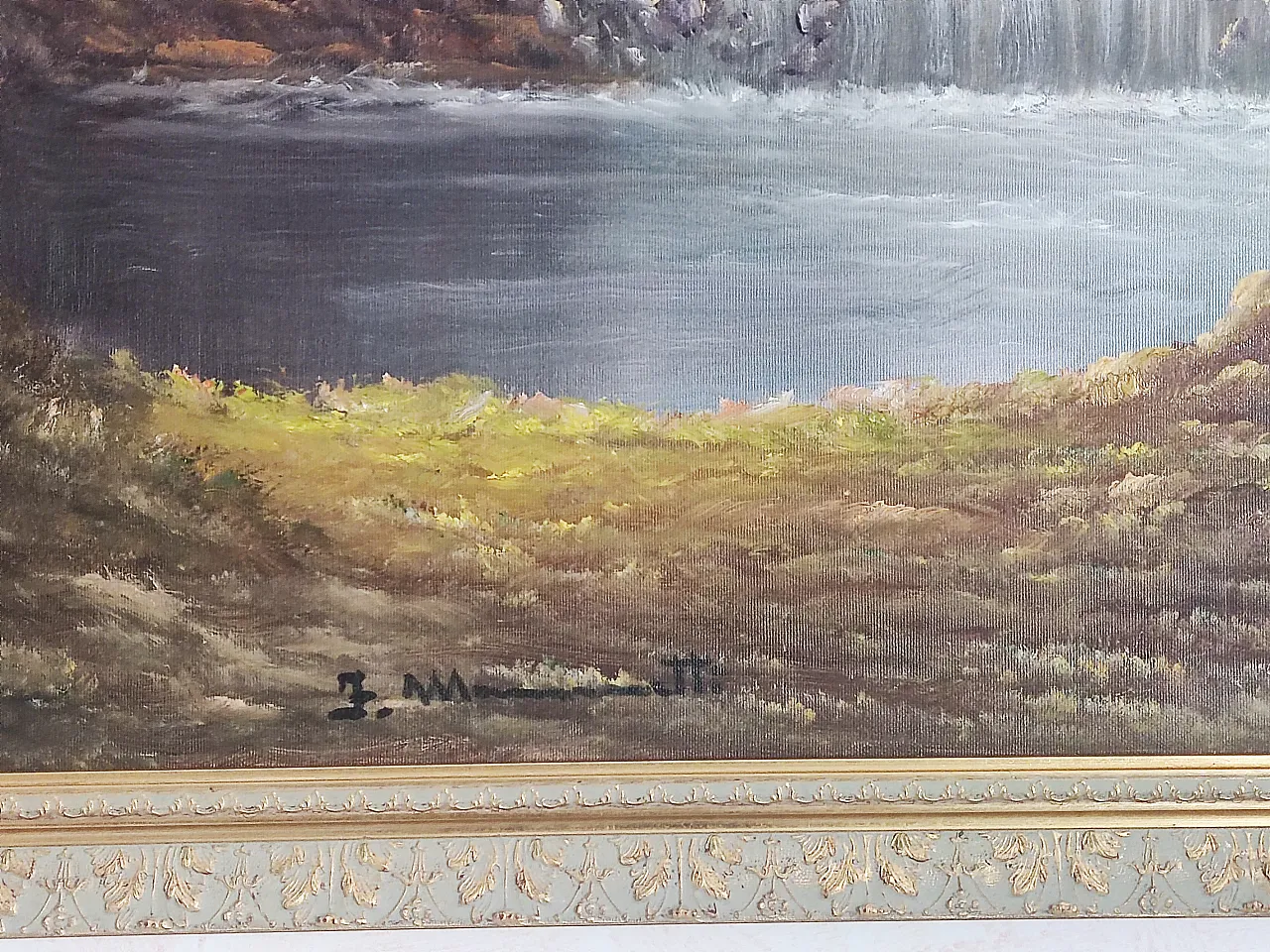 Romantic landscape painting, waterfall farmhouse, oil on canvas, 70s 1