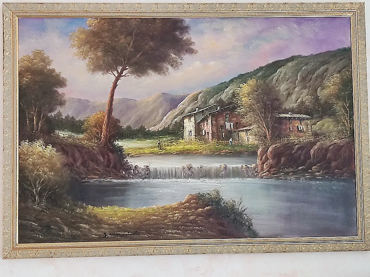 Romantic landscape painting, waterfall farmhouse, oil on canvas, 70s 4