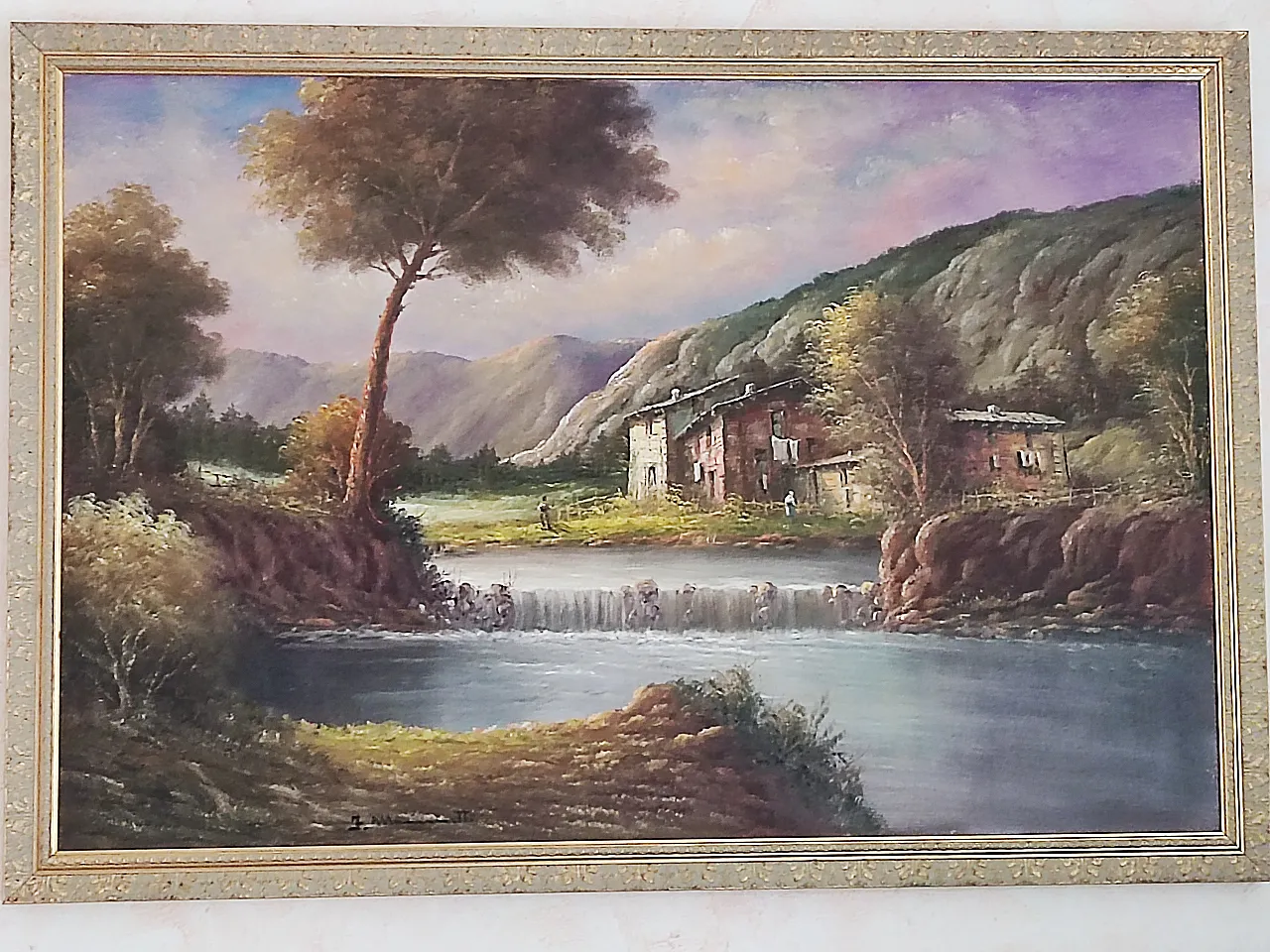 Romantic landscape painting, waterfall farmhouse, oil on canvas, 70s 5