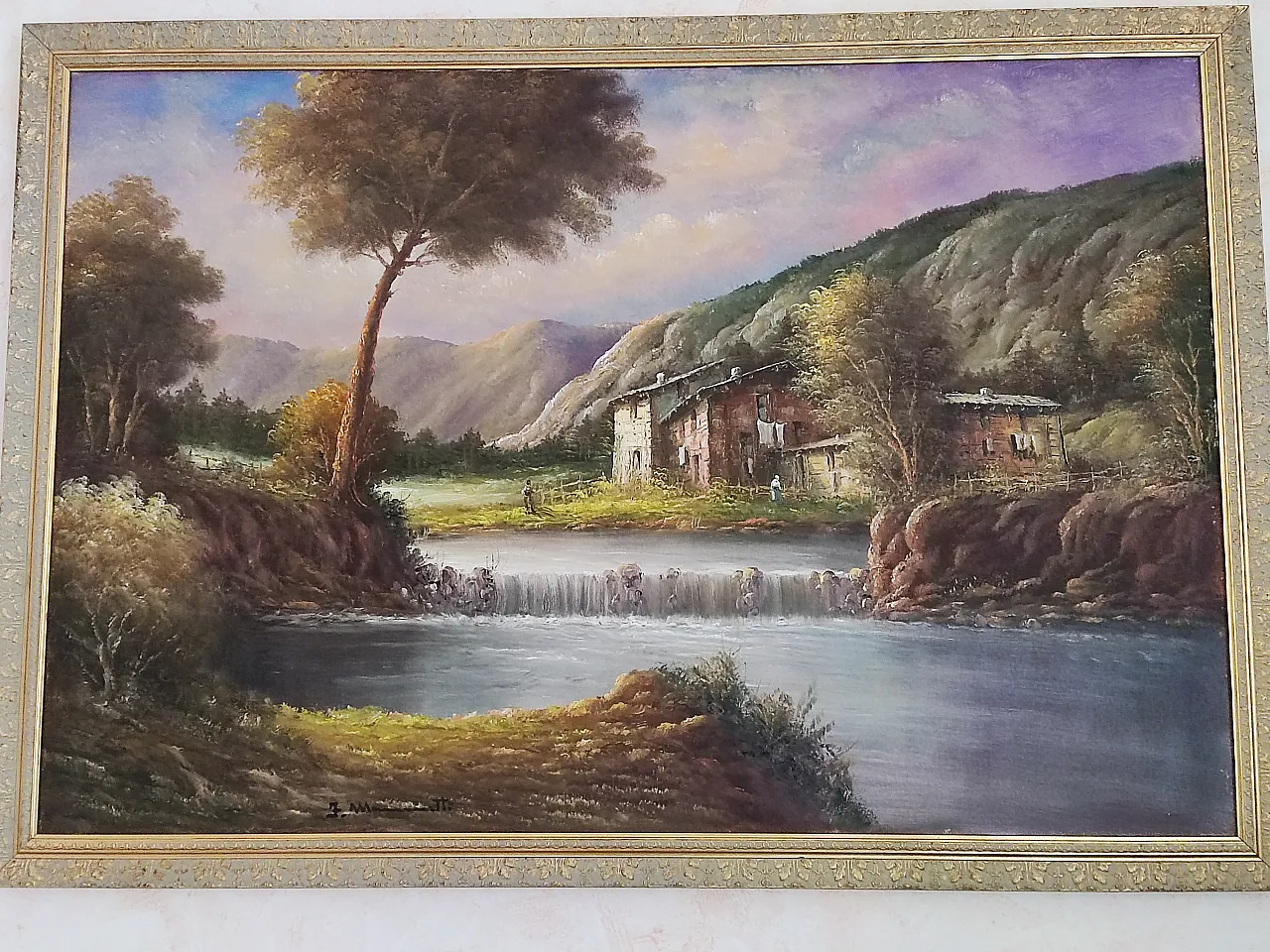 Romantic landscape painting, waterfall farmhouse, oil on canvas, 70s 6