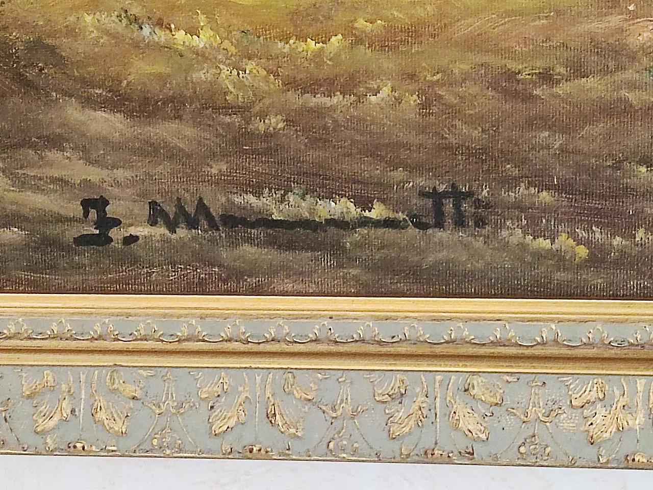 Romantic landscape painting, waterfall farmhouse, oil on canvas, 70s 7