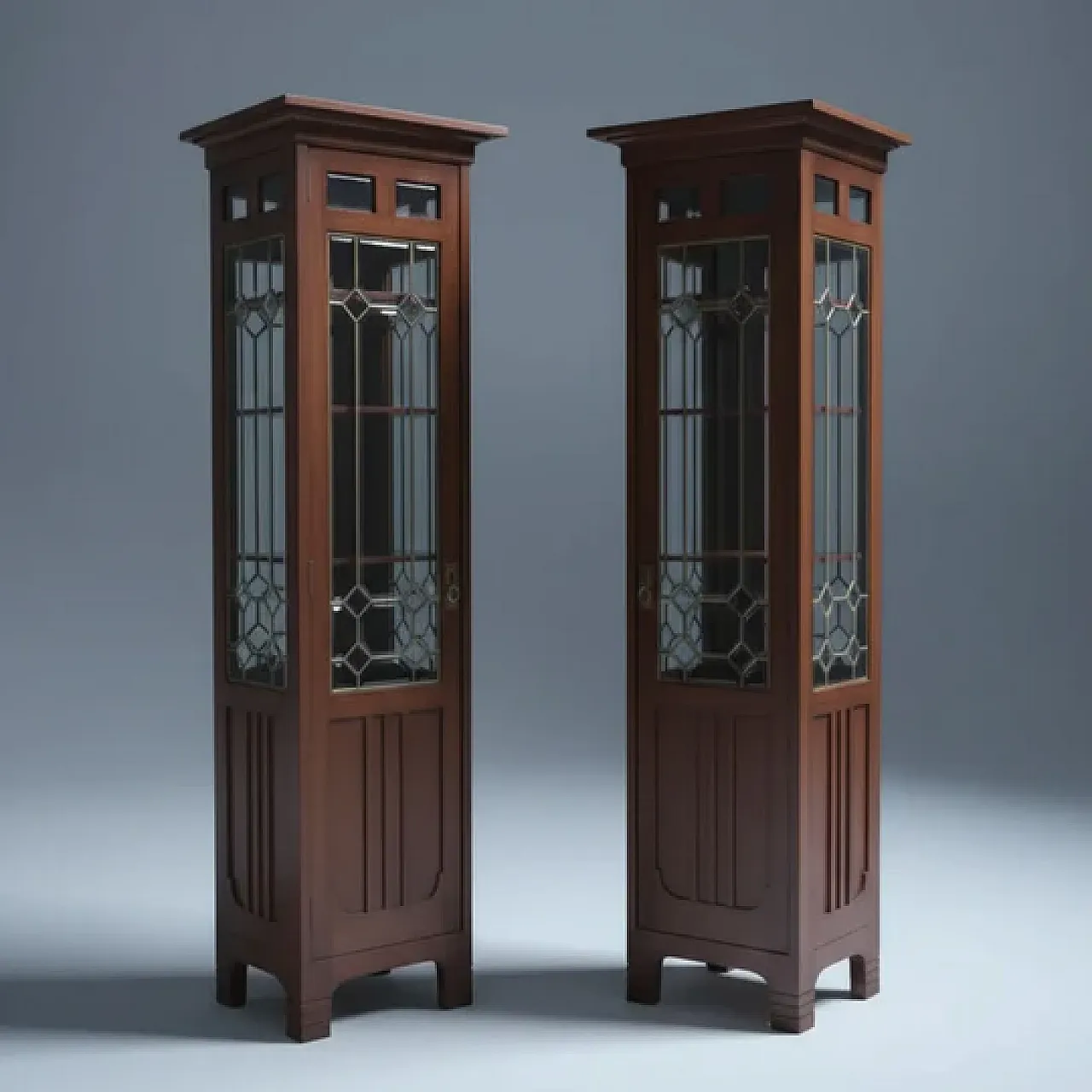 Coppia di vetrine in legno massello Liberty, inizio '900 2