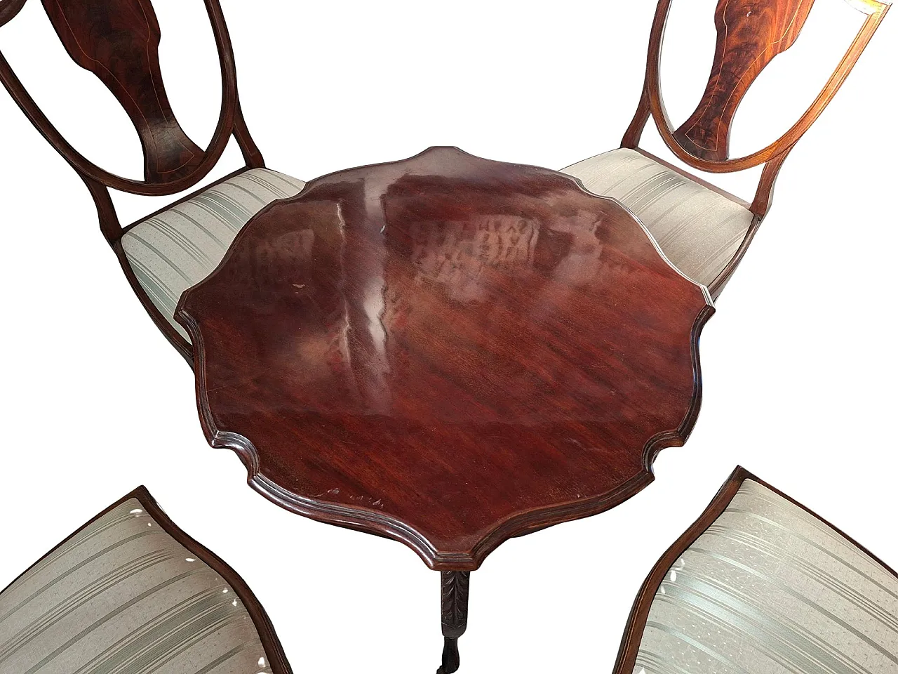 Table with 4 chairs in carved and inlaid cherry, 19th century 3