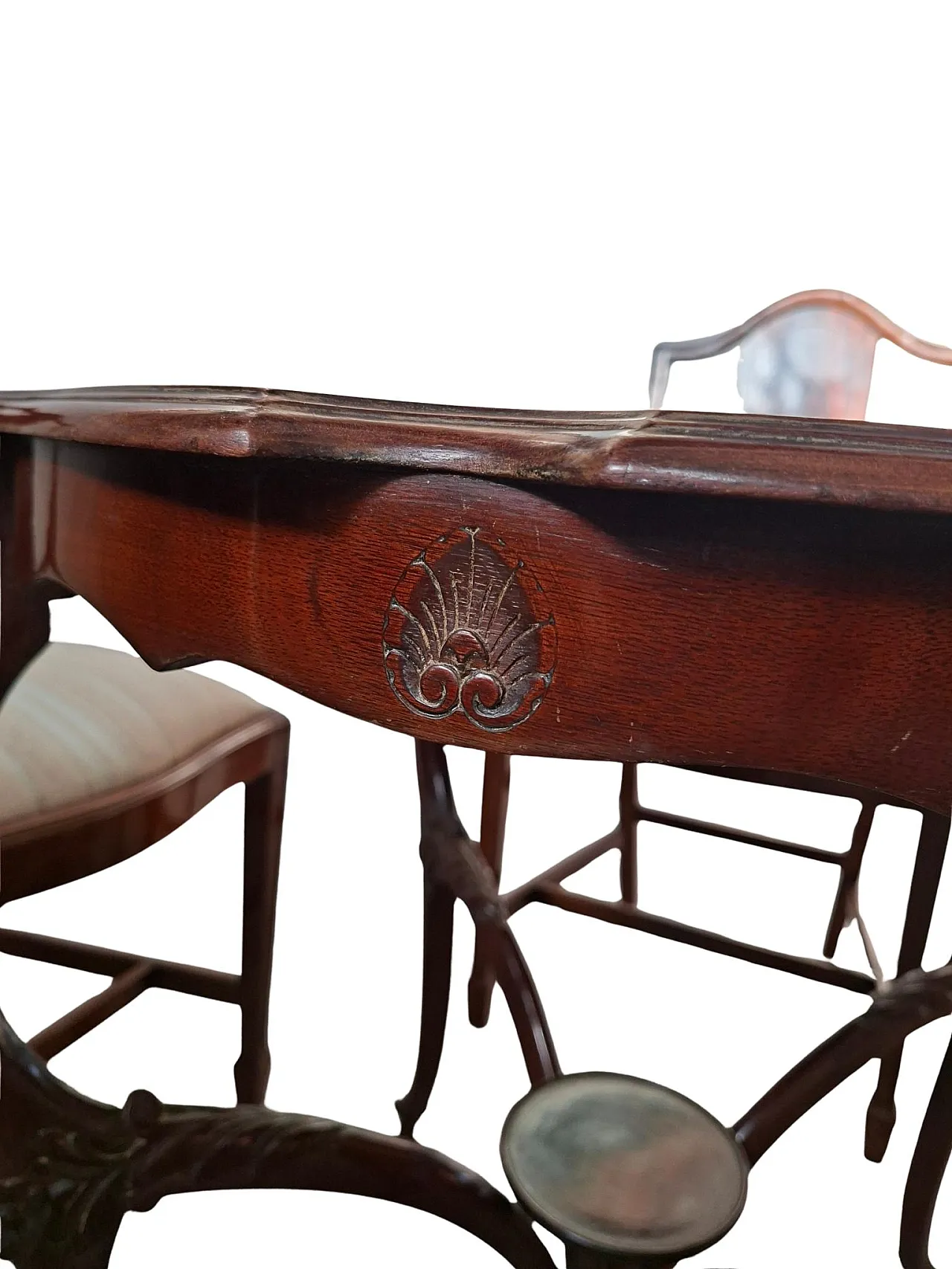 Table with 4 chairs in carved and inlaid cherry, 19th century 8