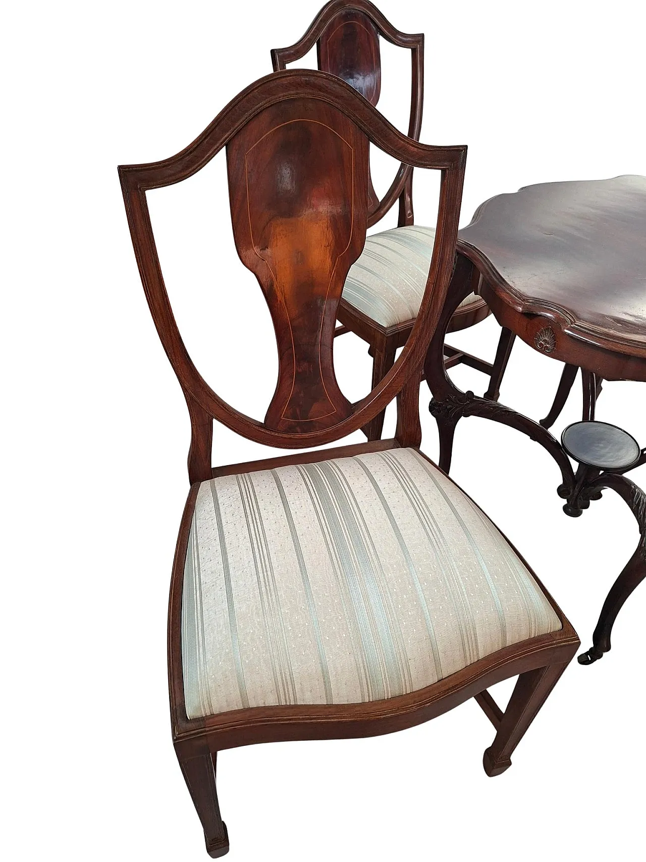 Table with 4 chairs in carved and inlaid cherry, 19th century 10