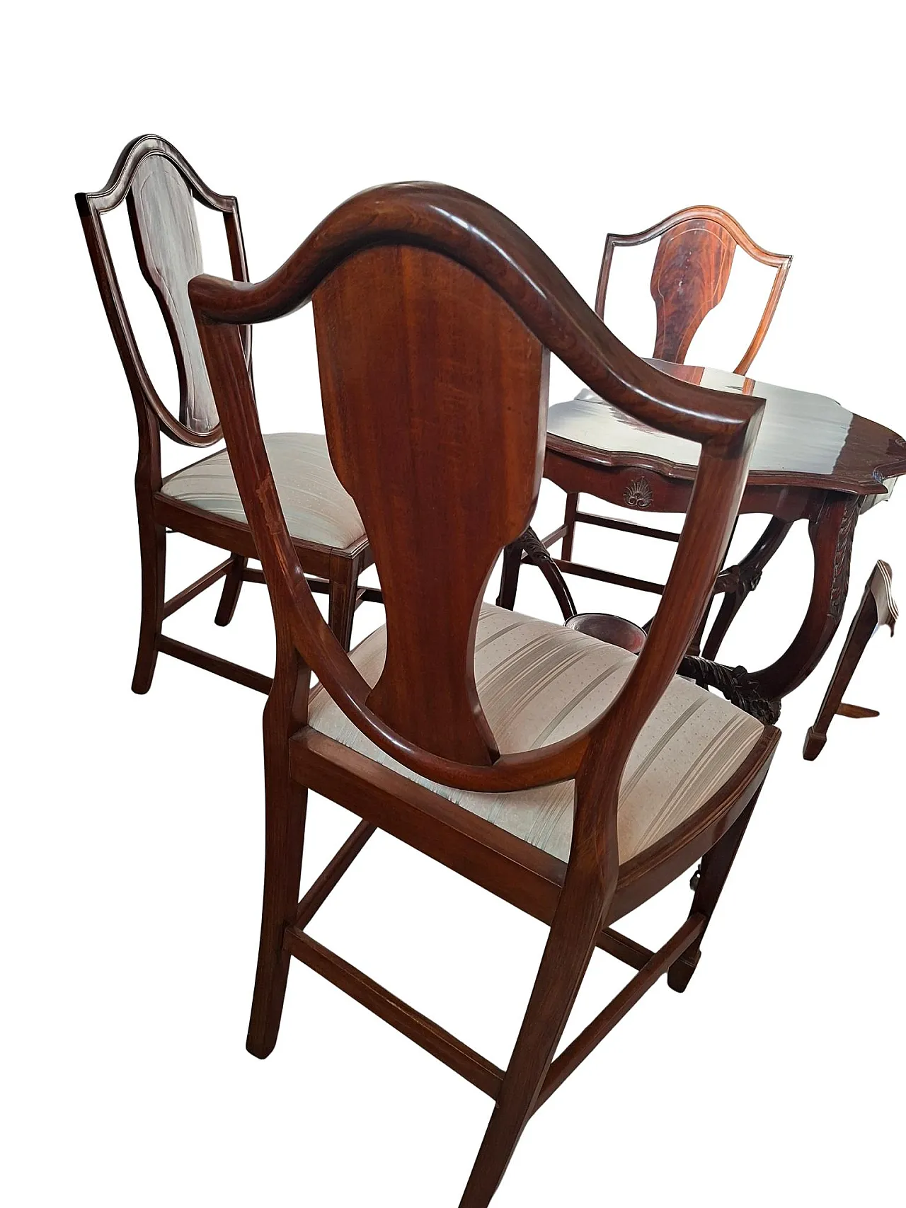Table with 4 chairs in carved and inlaid cherry, 19th century 16