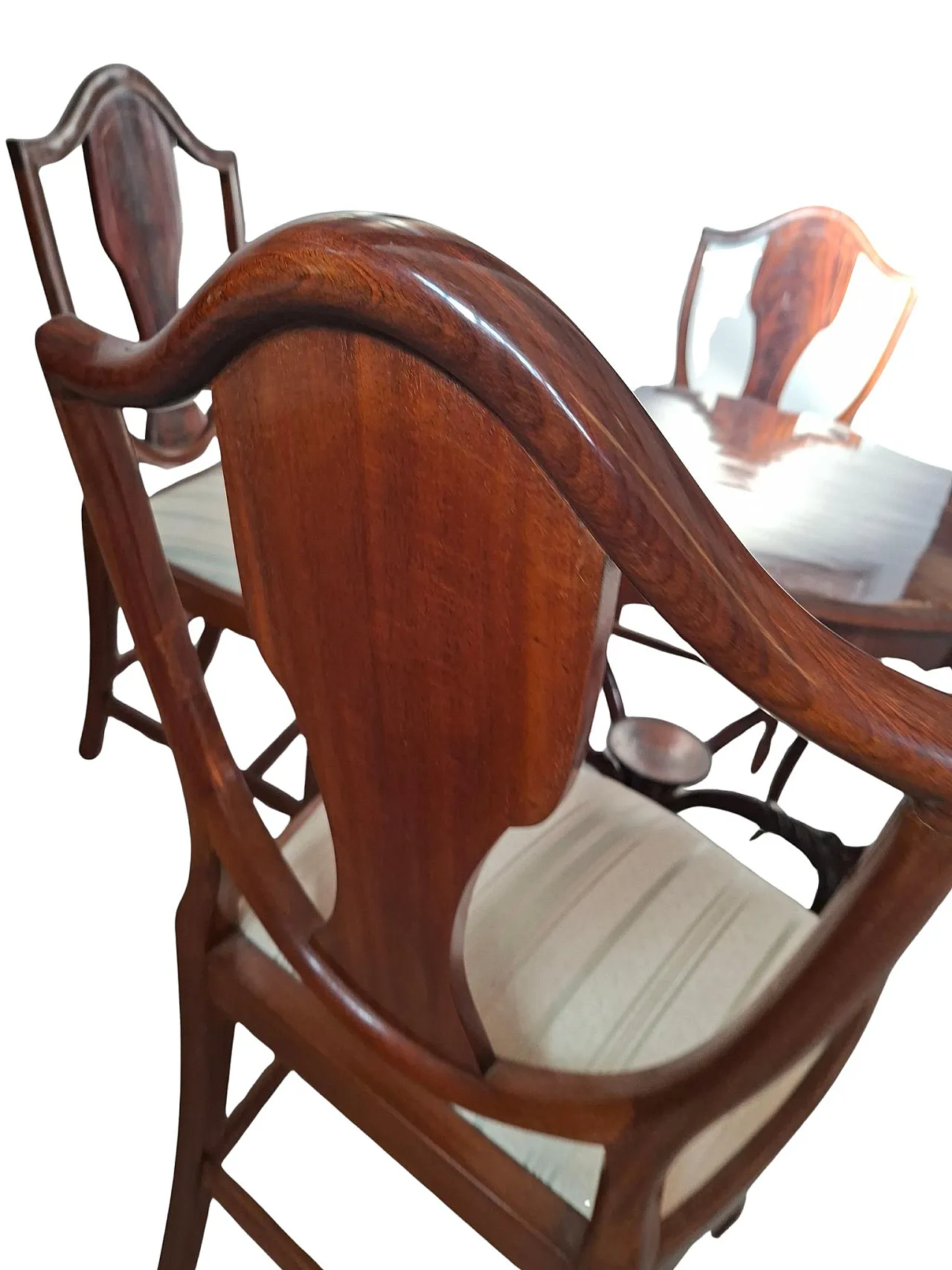 Table with 4 chairs in carved and inlaid cherry, 19th century 17