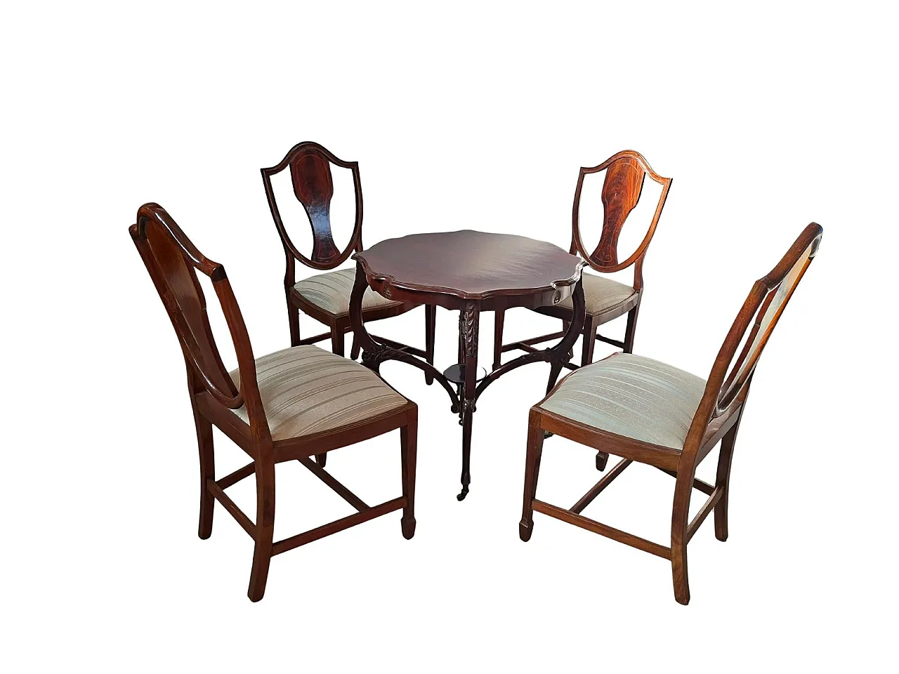 Table with 4 chairs in carved and inlaid cherry, 19th century 18