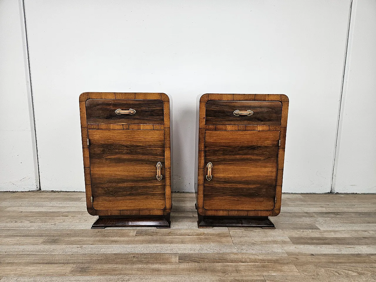 Art Deco walnut bedside tables with door and drawer, 50s 1