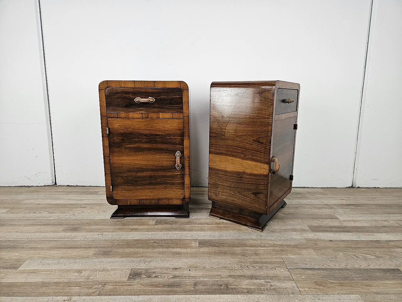 Art Deco walnut bedside tables with door and drawer, 50s 2