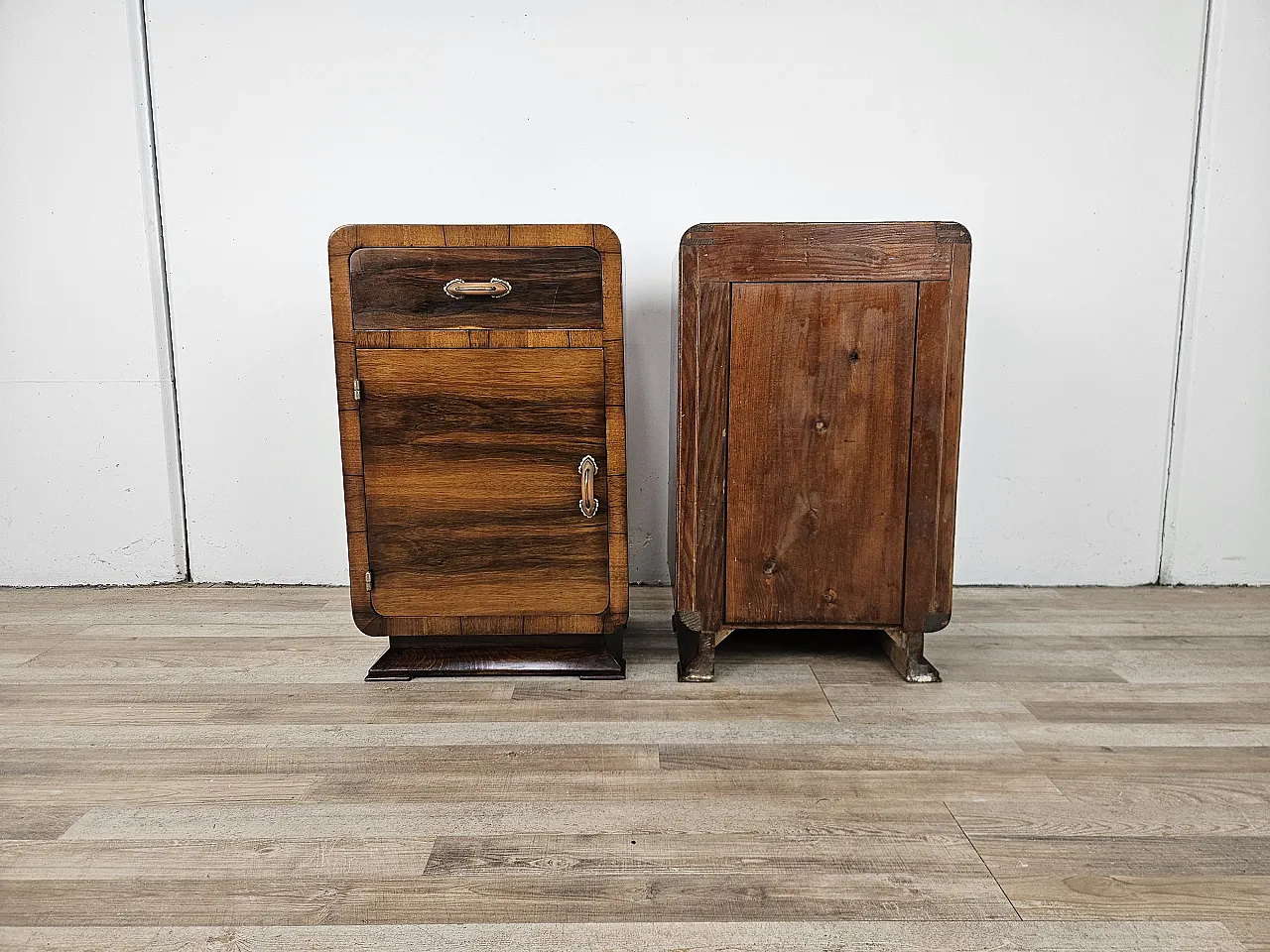Art Deco walnut bedside tables with door and drawer, 50s 3