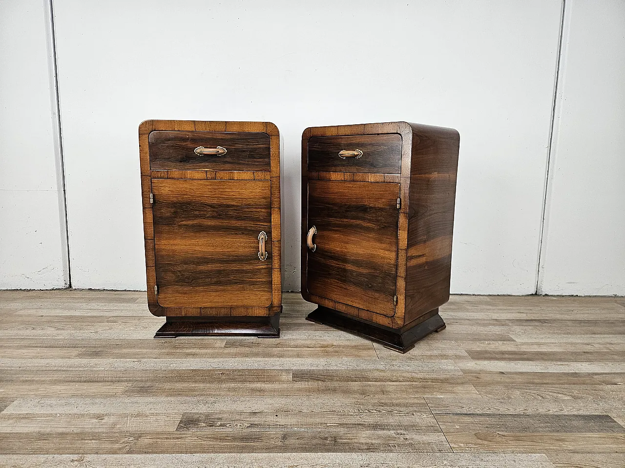 Art Deco walnut bedside tables with door and drawer, 50s 4