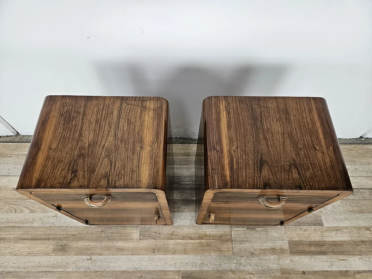 Art Deco walnut bedside tables with door and drawer, 50s 5