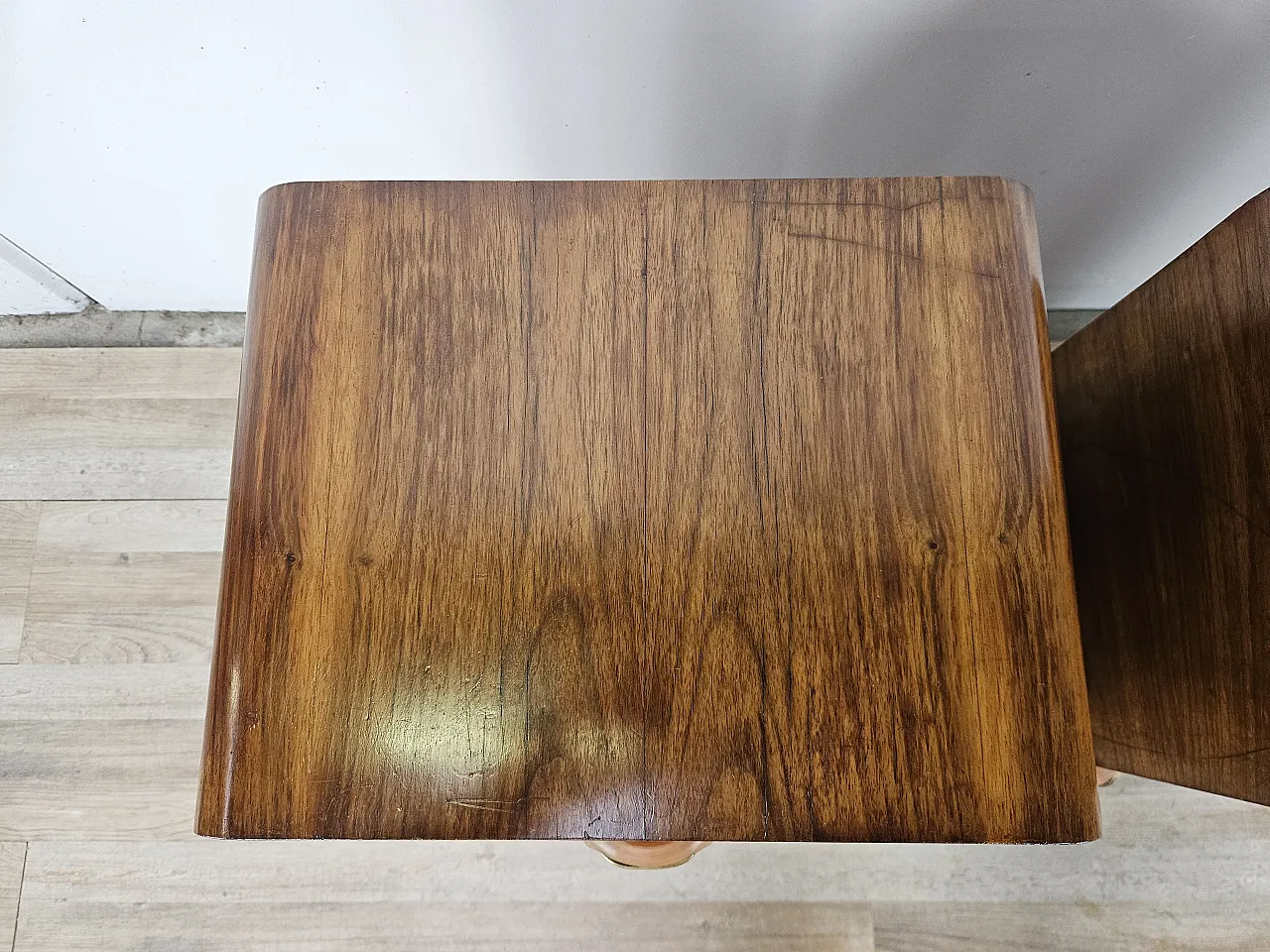 Art Deco walnut bedside tables with door and drawer, 50s 6