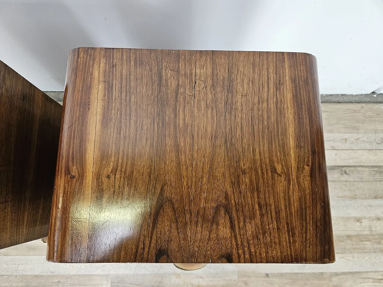 Art Deco walnut bedside tables with door and drawer, 50s 7