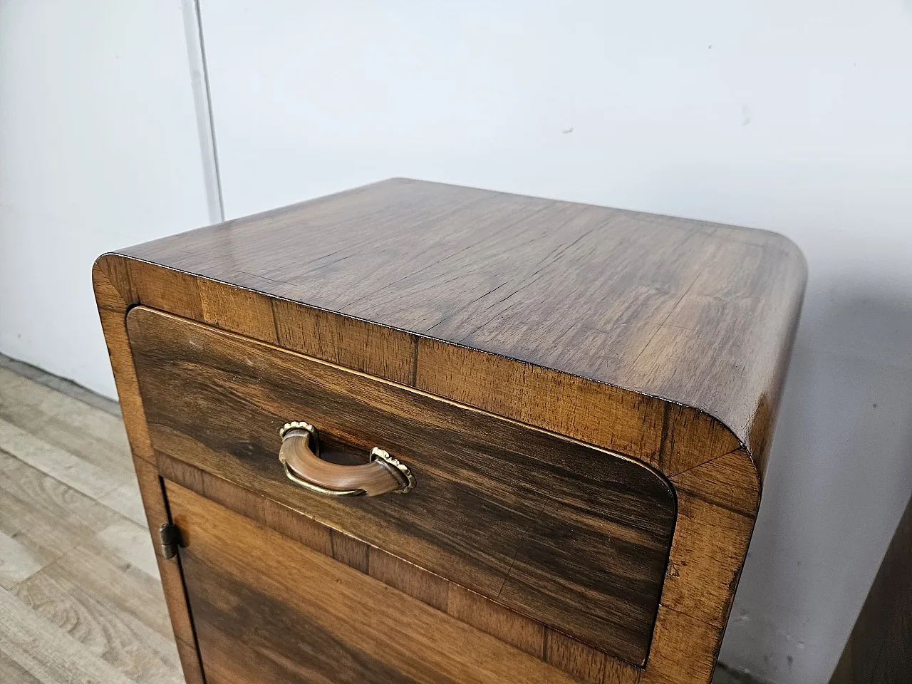 Art Deco walnut bedside tables with door and drawer, 50s 8