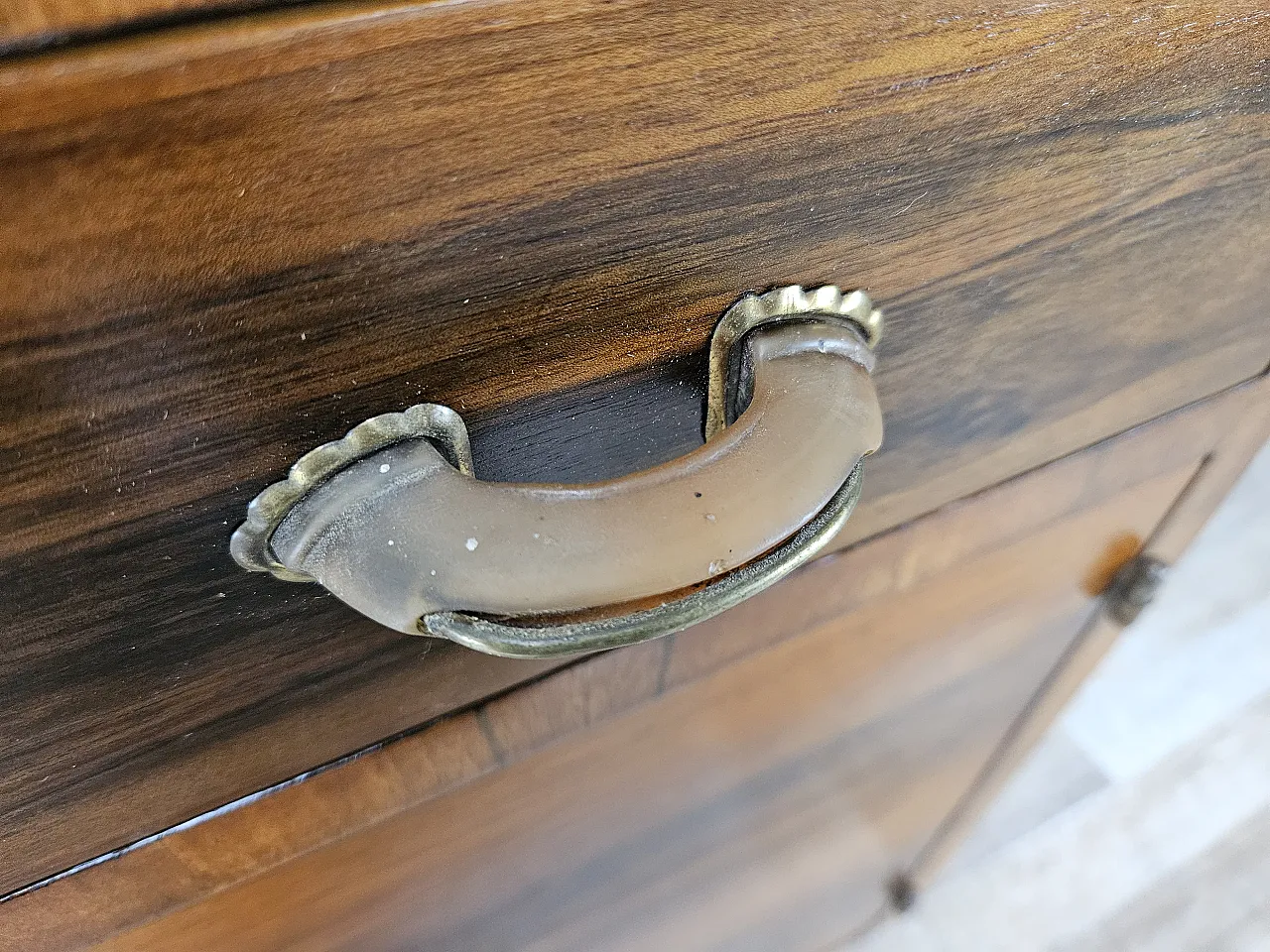 Art Deco walnut bedside tables with door and drawer, 50s 10