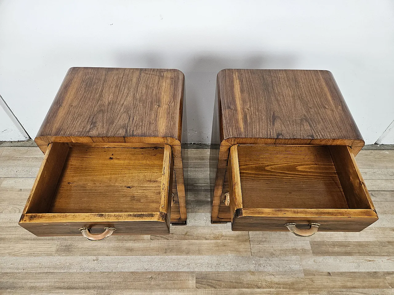 Art Deco walnut bedside tables with door and drawer, 50s 11