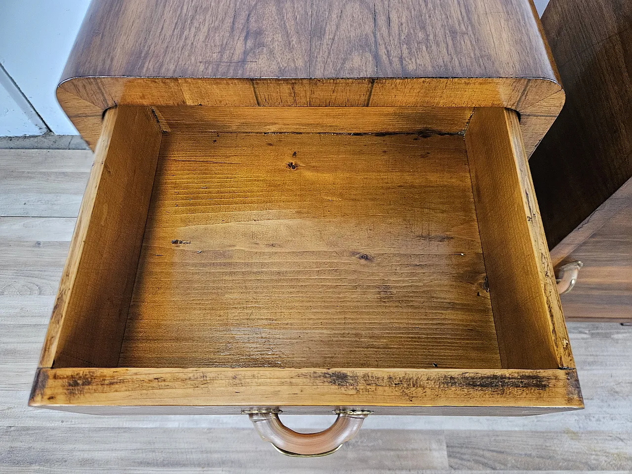 Art Deco walnut bedside tables with door and drawer, 50s 12
