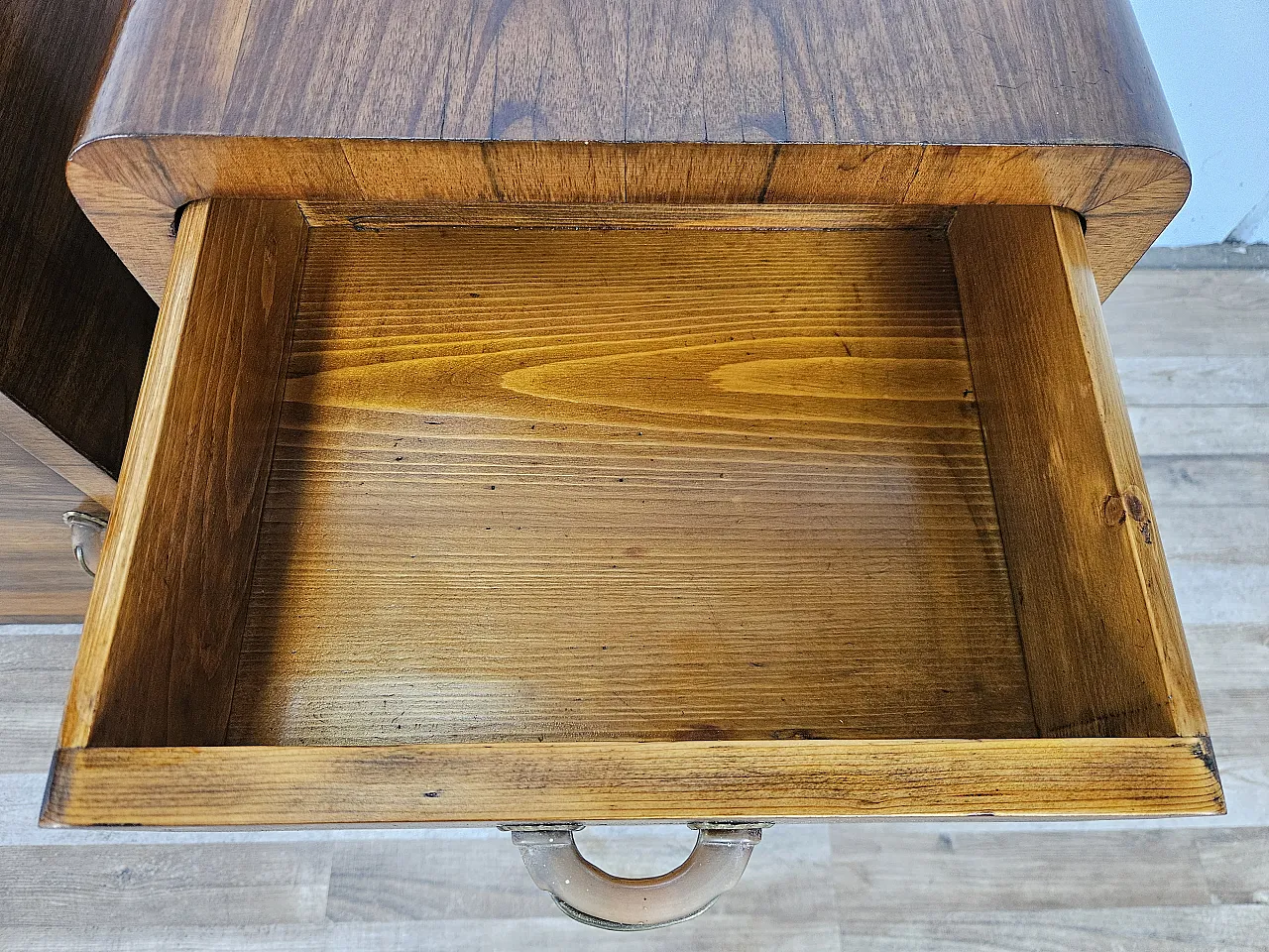 Art Deco walnut bedside tables with door and drawer, 50s 13
