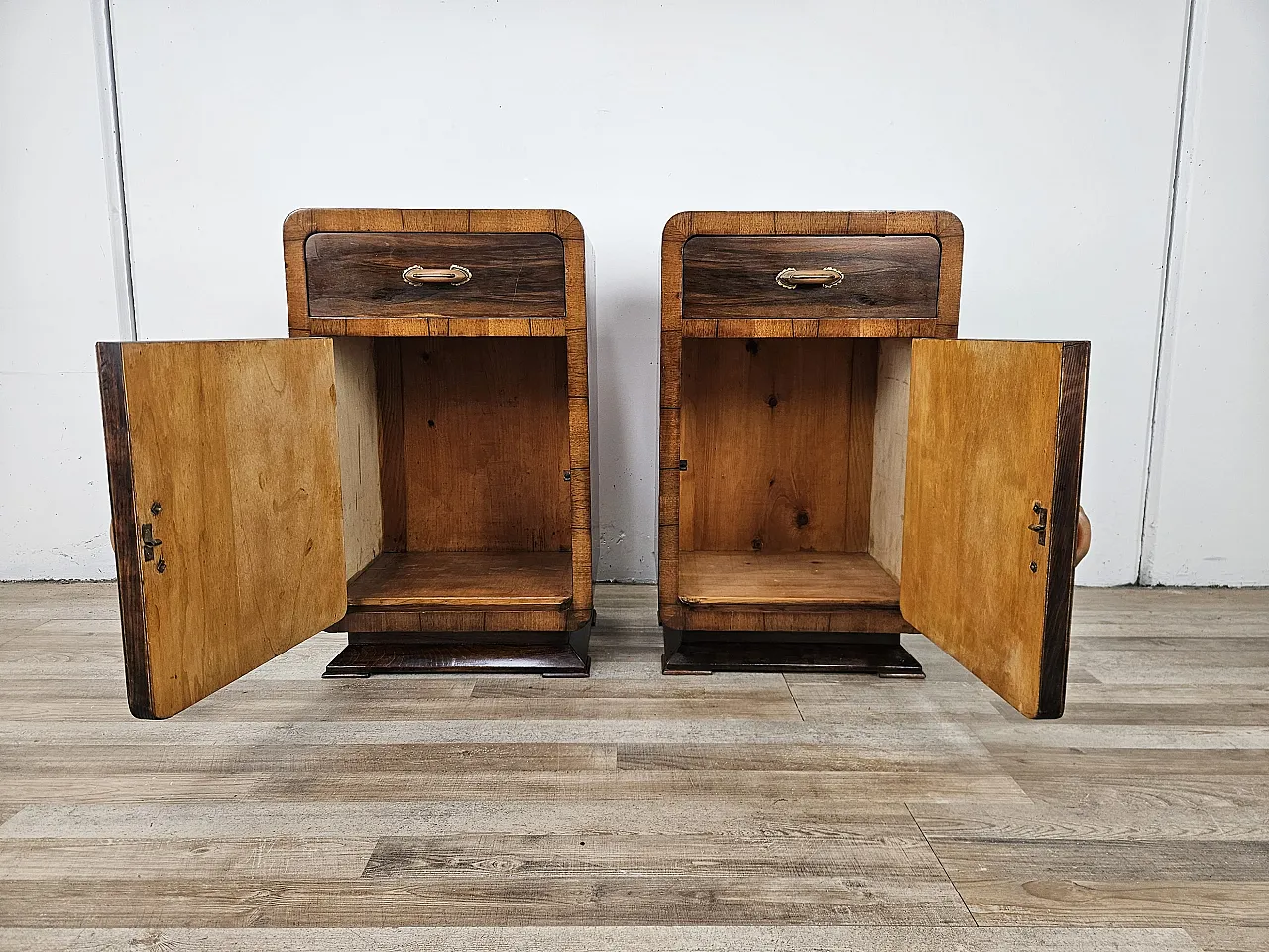 Art Deco walnut bedside tables with door and drawer, 50s 14