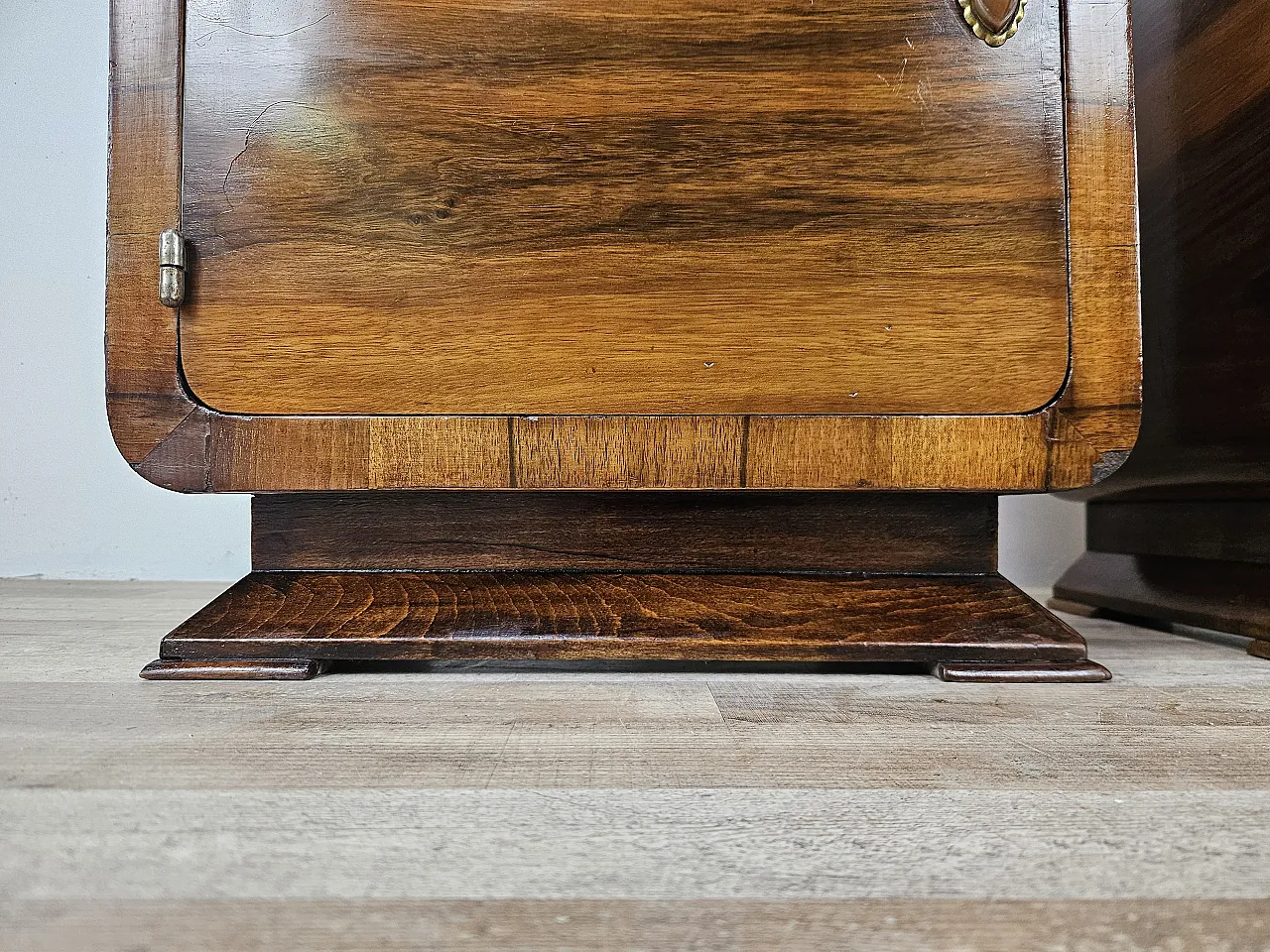 Art Deco walnut bedside tables with door and drawer, 50s 17