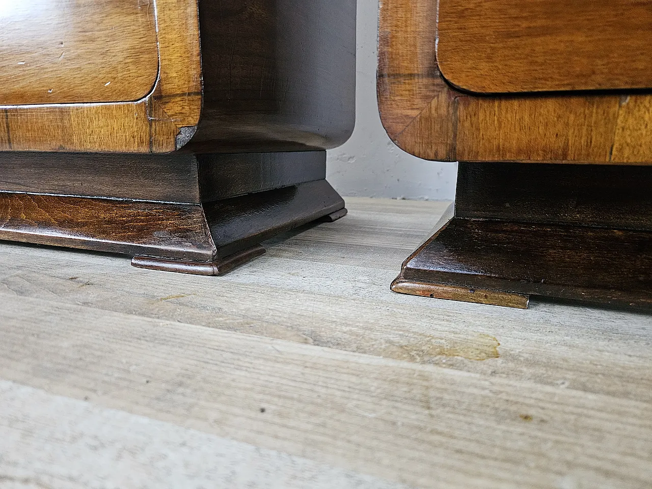 Art Deco walnut bedside tables with door and drawer, 50s 18