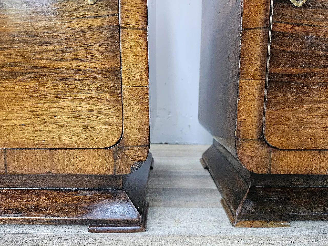 Art Deco walnut bedside tables with door and drawer, 50s 19