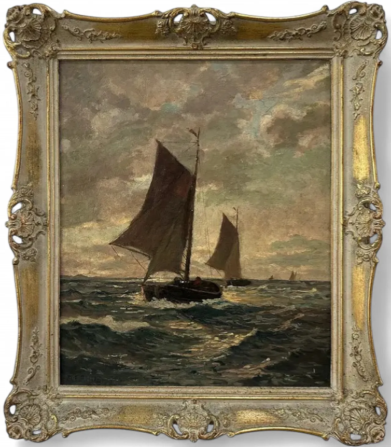 Navy with Sailing Ships in the Agitated Sea by A.Lahde, 19th century 9