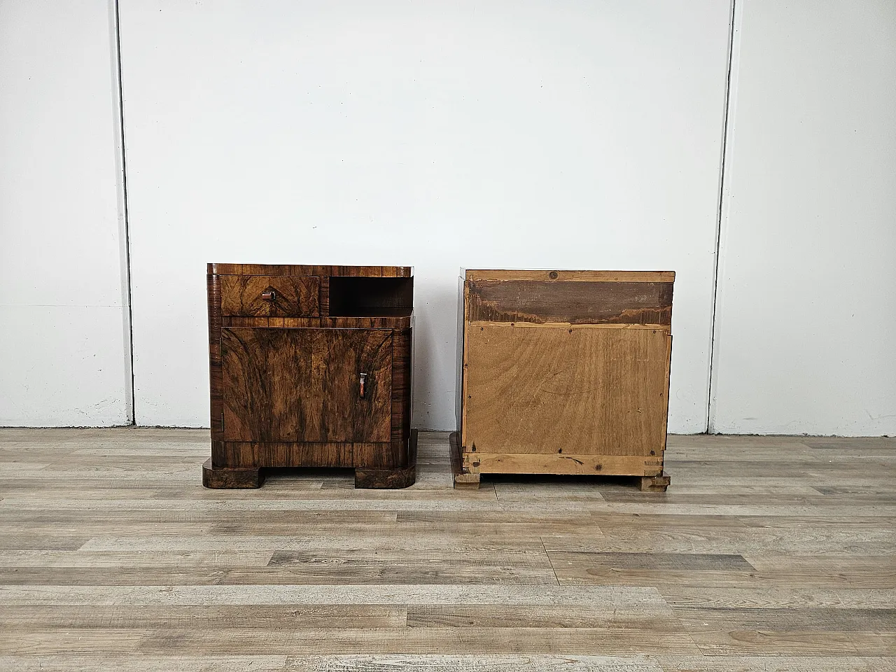 Art Deco Linear and Geometric Bedside Tables in Walnut, 50s 3