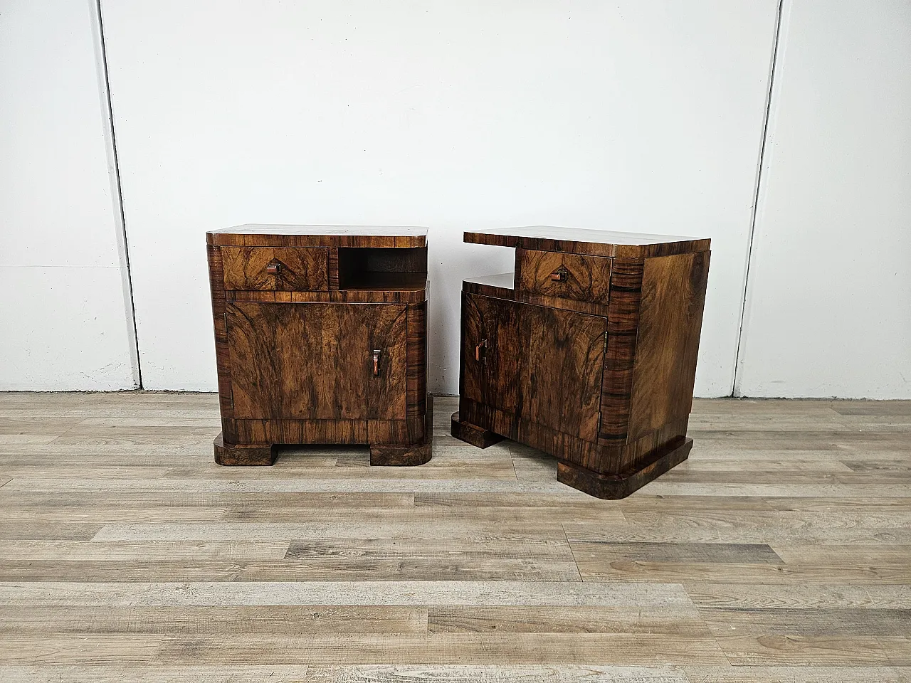 Art Deco Linear and Geometric Bedside Tables in Walnut, 50s 4