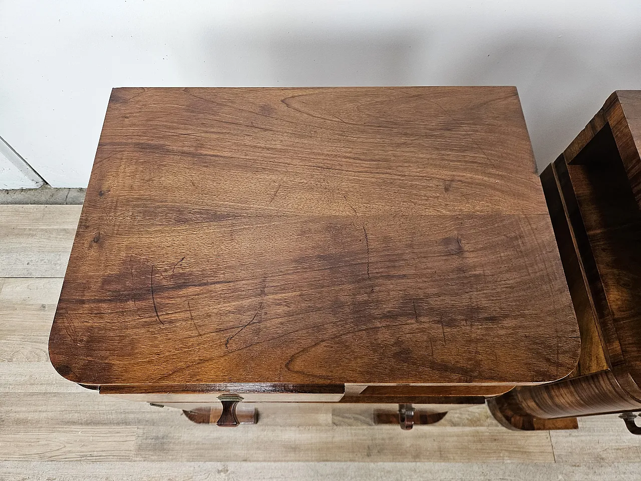 Art Deco Linear and Geometric Bedside Tables in Walnut, 50s 5