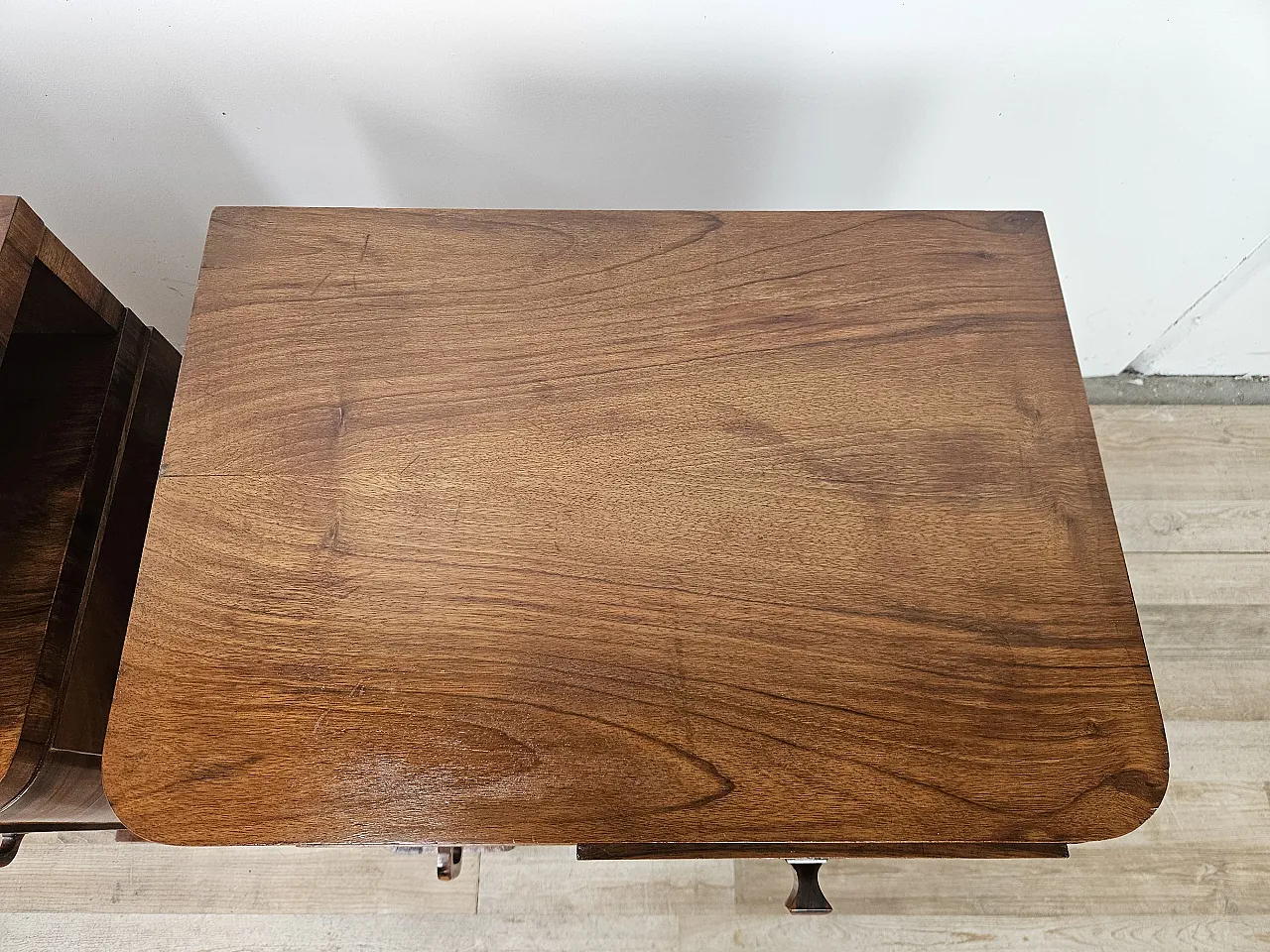Art Deco Linear and Geometric Bedside Tables in Walnut, 50s 6