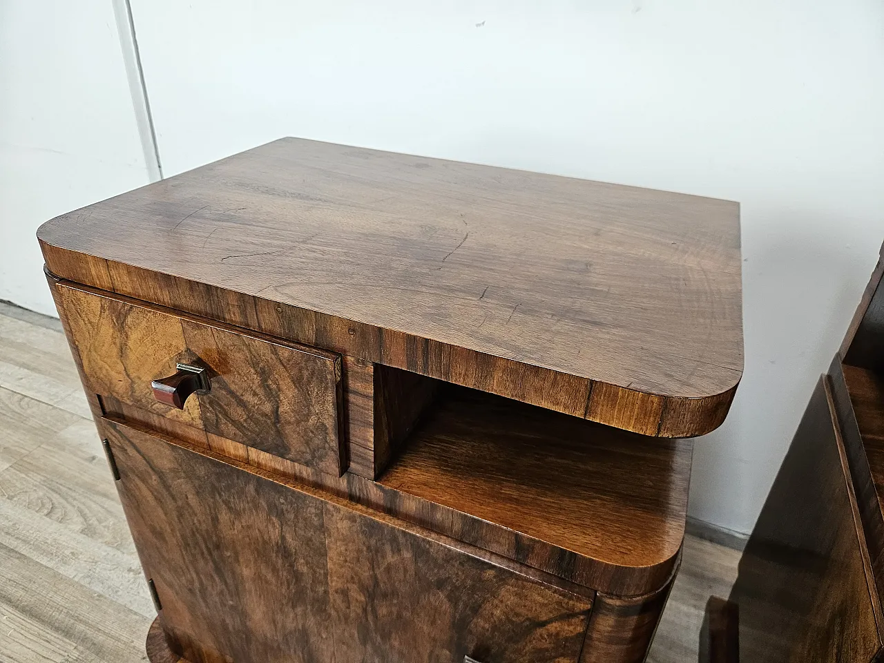 Art Deco Linear and Geometric Bedside Tables in Walnut, 50s 7
