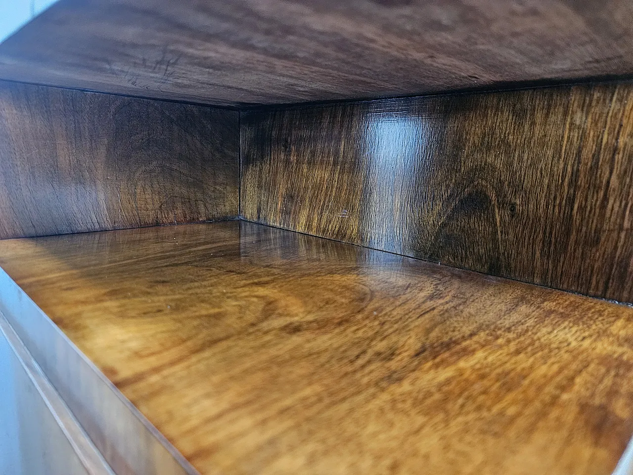 Art Deco Linear and Geometric Bedside Tables in Walnut, 50s 9