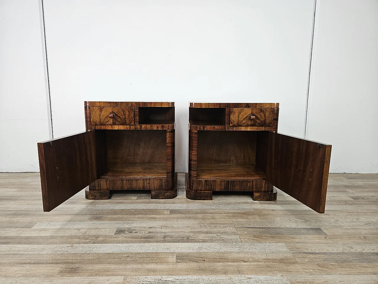 Art Deco Linear and Geometric Bedside Tables in Walnut, 50s 12