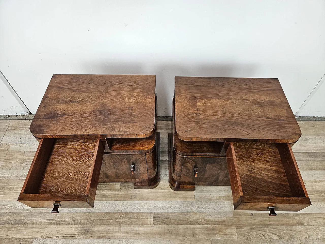 Art Deco Linear and Geometric Bedside Tables in Walnut, 50s 15